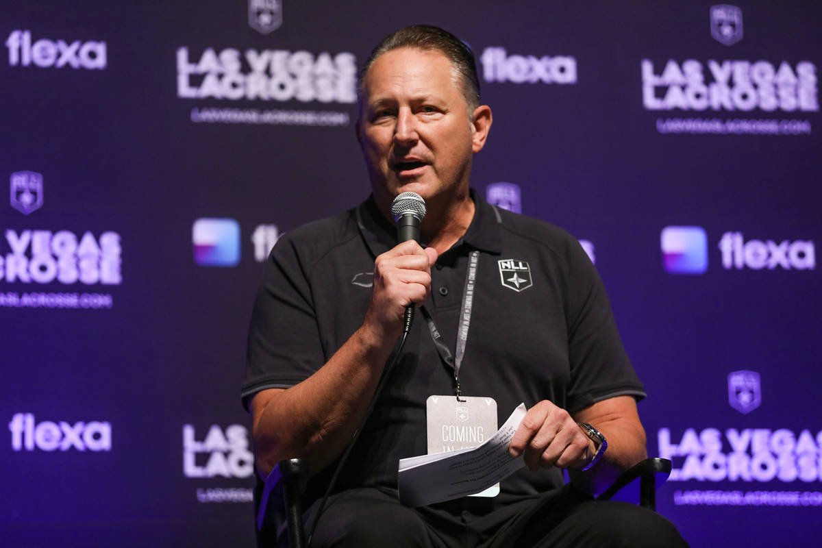 Nick Sakiewicz, commissioner of the National Lacrosse League, speaks to the crowd at an event t ...