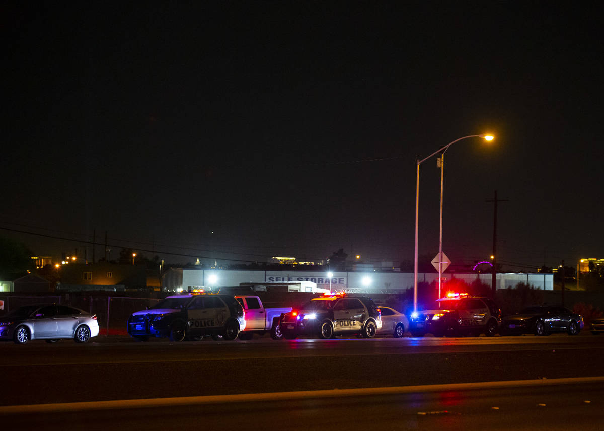 Las Vegas police investigate the scene of a homicide on Boulder Highway north of Russell Road i ...