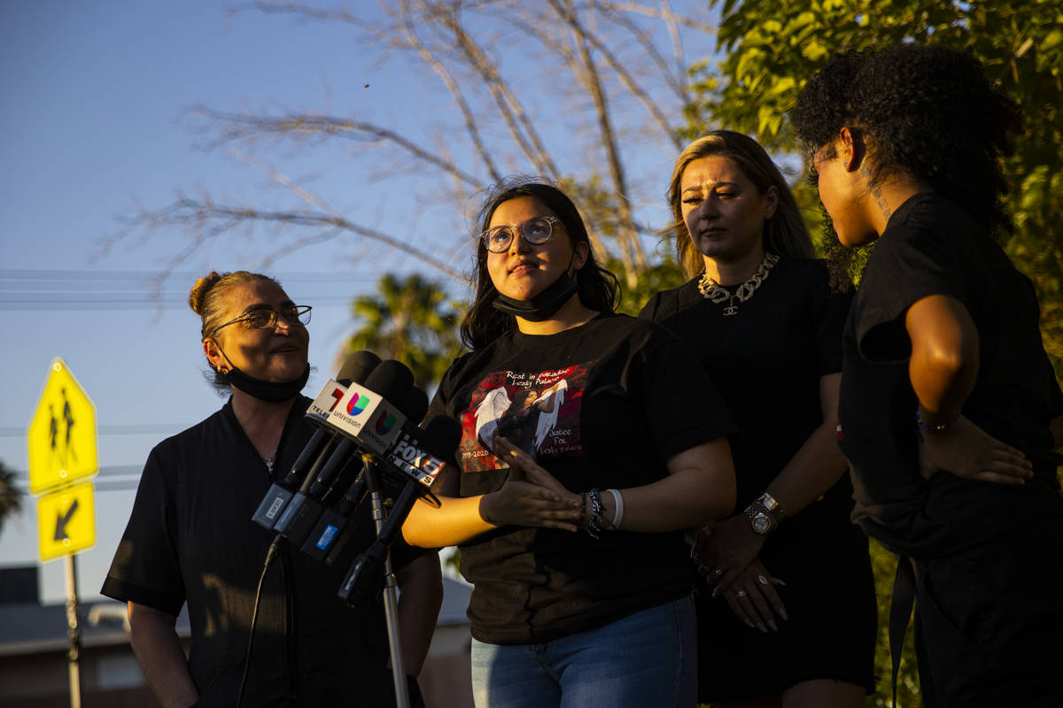Kaly Palacio, second from left, speaks during a news conference about the arrest and sentencing ...