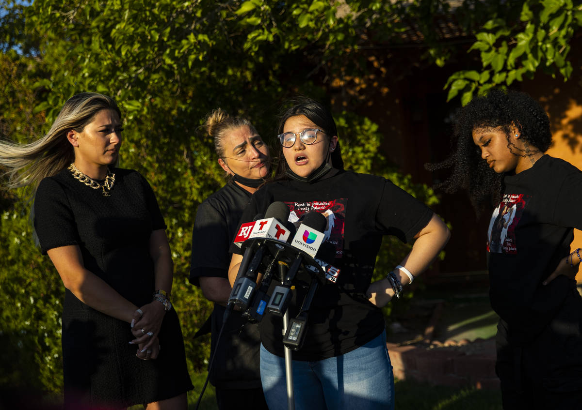 Kaly Palacio, third from left, speaks during a news conference about the arrest and sentencing ...