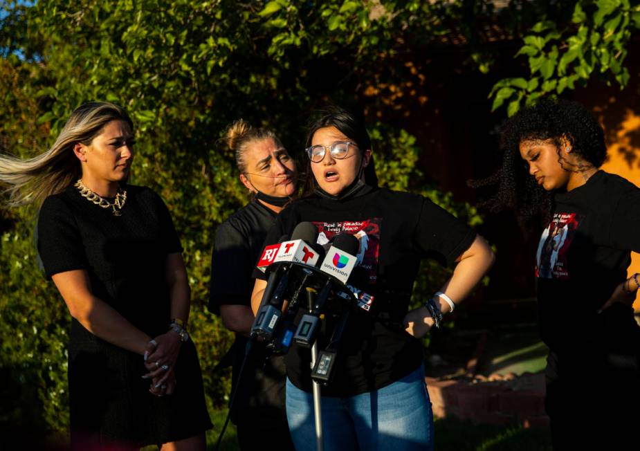 Kaly Palacio, third from left, speaks during a news conference about the arrest and sentencing ...