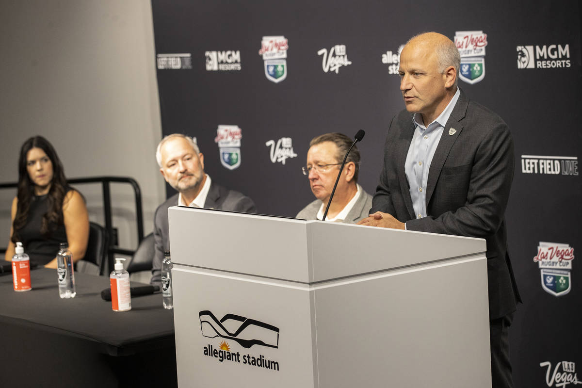Las Vegas Raiders President Marc Badain speaks on the announcement of a rugby match between the ...