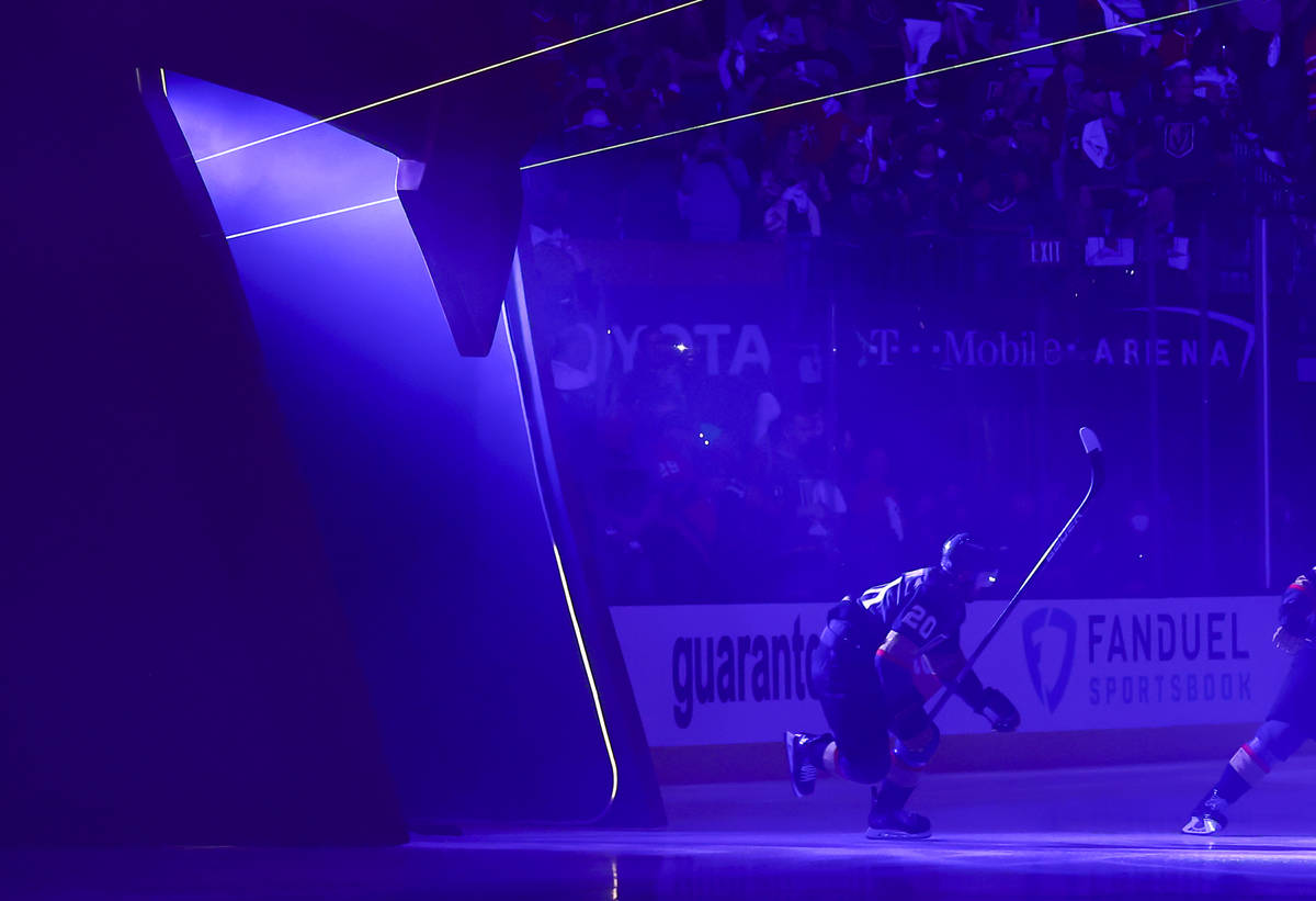 Golden Knights' Chandler Stephenson (20) skates onto the ice before taking on the Montreal Cana ...