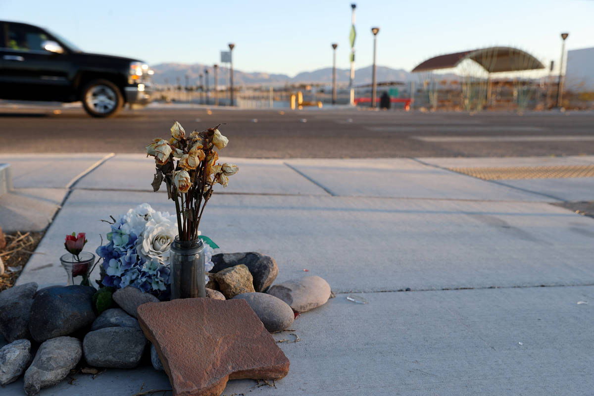A memorial at a crosswalk on Lone Mountain Road near Losee Road in North Las Vegas Wednesday, M ...