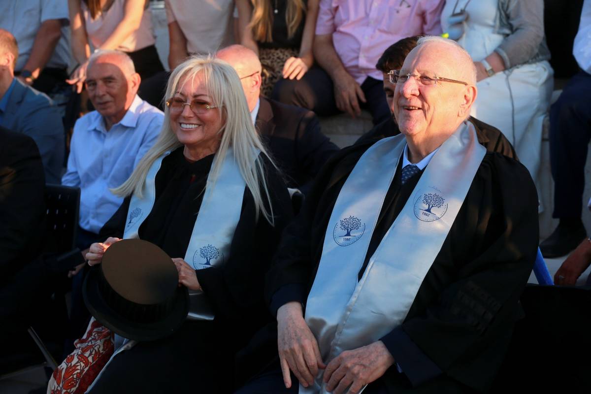 Dr. Miriam Adelson and outgoing Israeli President Reuven Rivlin are seen together, Tuesday, Jun ...