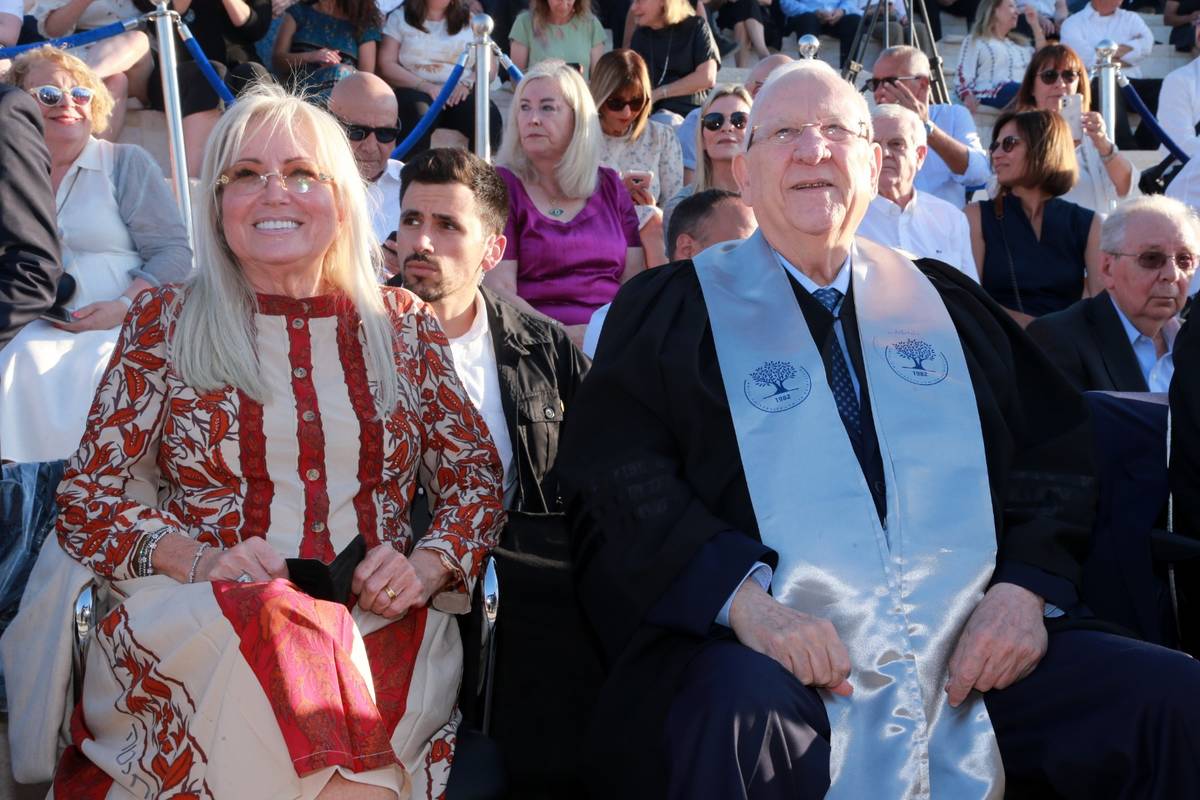 Dr. Miriam Adelson and outgoing Israeli President Reuven Rivlin are seen together, Tuesday, Jun ...