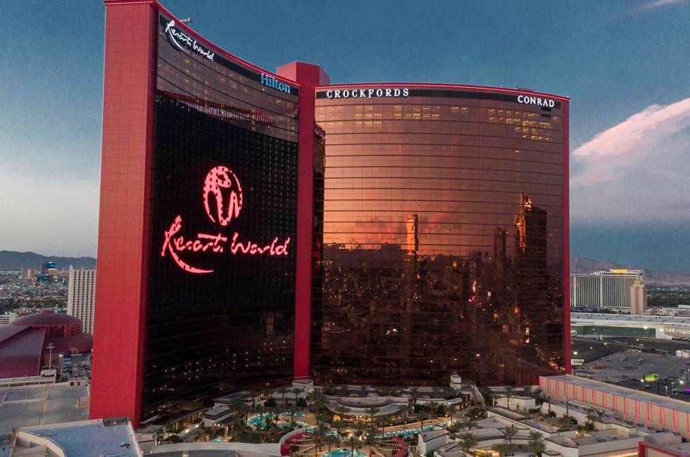 An aerial photo of Resorts World Las Vegas on the former site of the Stardust hotel casino on F ...