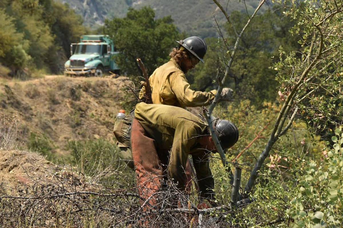 Firefighters work in steep terrain at the Willow Fire near Big Sur, Calif., on Sunday, June 20, ...
