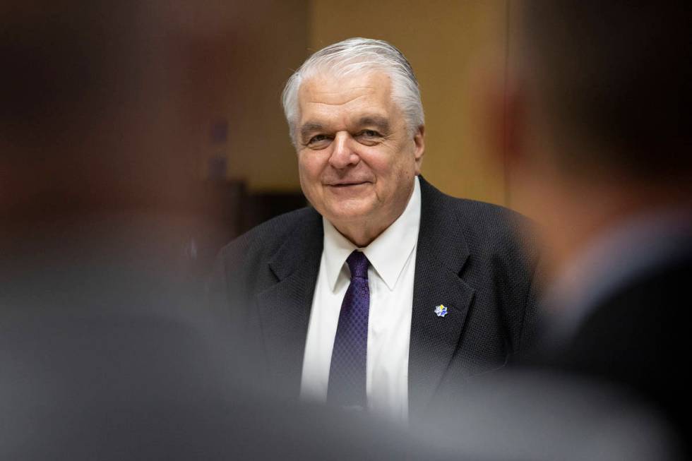 Nevada Gov. Steve Sisolak participates during a round table discussion on the American Jobs Pla ...