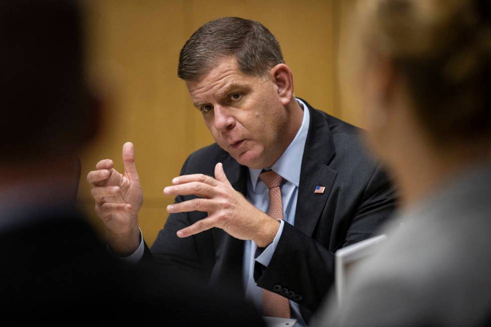 U.S. Labor Secretary Marty Walsh speaks during a round table discussion on the American Jobs Pl ...