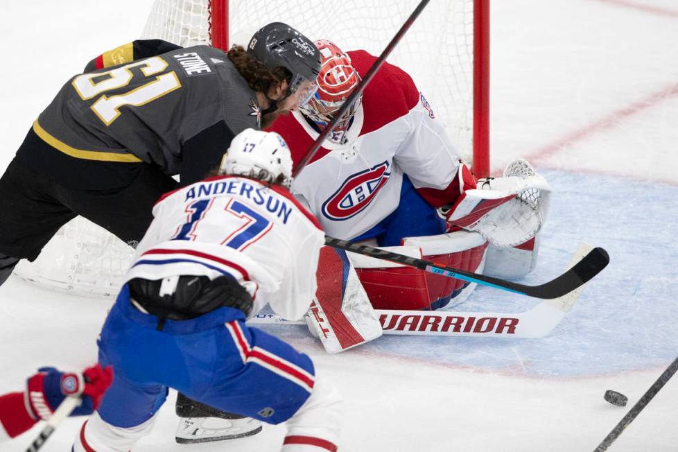 Golden Knights right wing Mark Stone (61) attempts a goal on Canadiens goaltender Carey Price ( ...