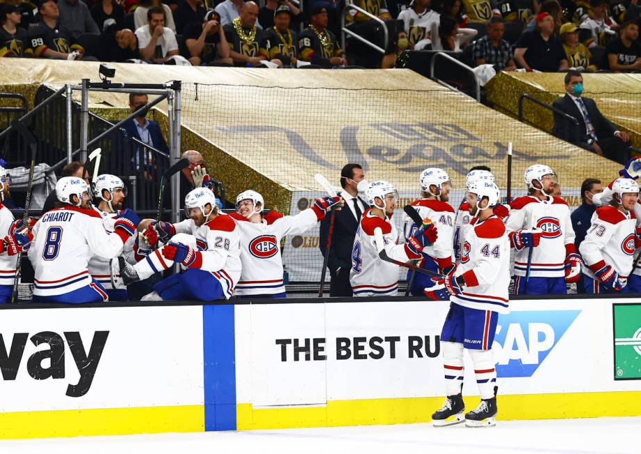 The Montreal Canadiens celebrate after a goal against the Golden Knights during the first perio ...