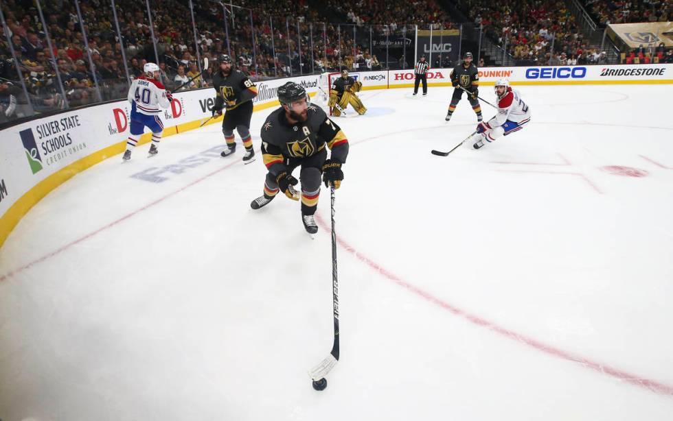 Golden Knights' Alex Pietrangelo (7) skates with the puck during the second period of Game 5 of ...