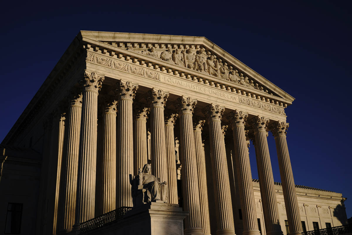 FILE - In this Nov. 2, 2020, file photo the Supreme Court is seen at sundown in Washington. (AP ...