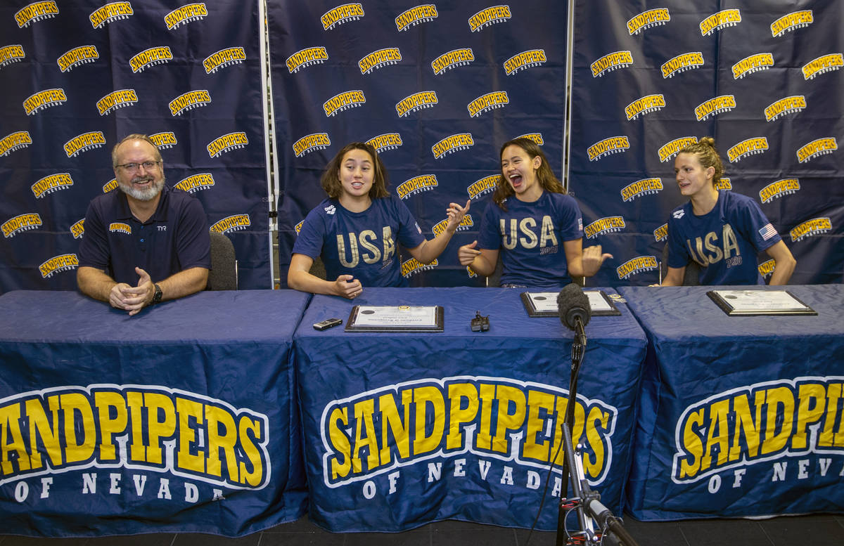 (From left) Sandpipers of Nevada coach Ron Aitken shares a laugh during a press conference with ...
