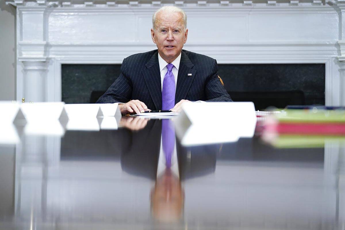 President Joe Biden speaks during a meeting with FEMA Administrator Deanne Criswell and Homelan ...
