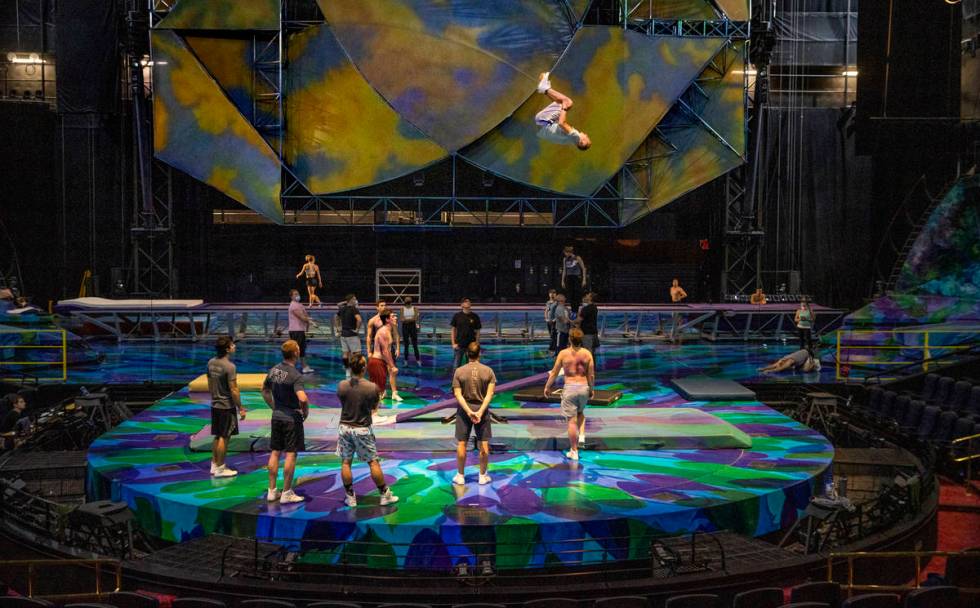 Acrobats practice on a teeter board during rehearsals for "Mystere," a Cirque du Sole ...