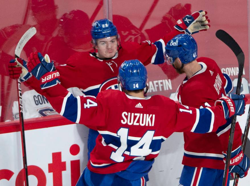 Montreal Canadiens right wing Cole Caufield (22) celebrates his goal against the Vegas Golden K ...