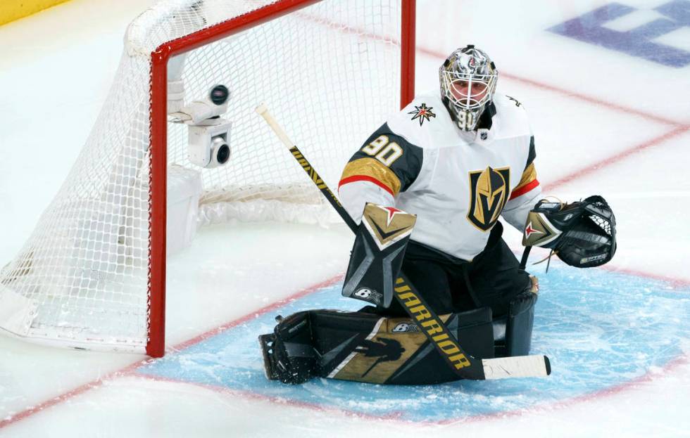 Vegas Golden Knights goaltender Robin Lehner deflects a shot wide of the net during the second ...