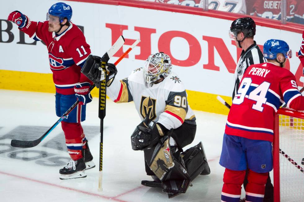 Vegas Golden Knights goaltender Robin Lehner (90) watches as Montreal Canadiens right wing Bren ...