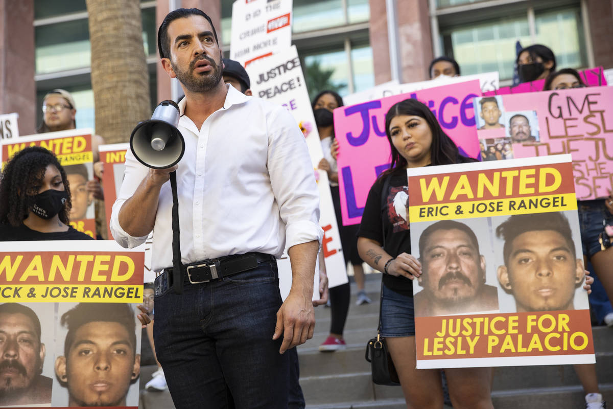 Former Nevada Congressman Ruben Kihuen speaks during a protest to call for justice in the Lesly ...