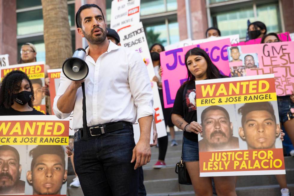 Former Nevada Congressman Ruben Kihuen speaks during a protest to call for justice in the Lesly ...