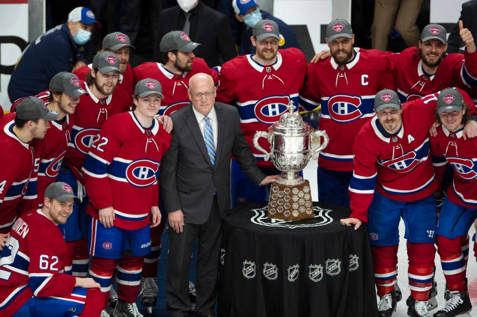 Montreal Canadiens pose with the Clarence Campbell trophy after defeating the Vegas Golden Knig ...