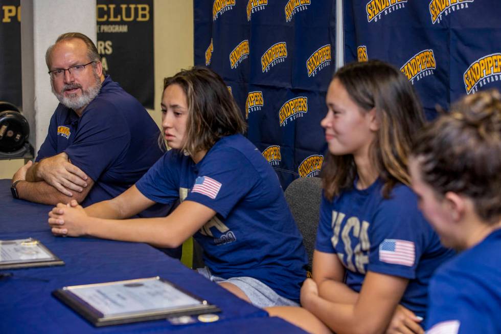 (From left) Sandpipers of Nevada coach Ron Aitken shares a training regime during a press confe ...