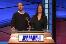 In this video image provided by NATAS and the Daytime Emmys, Matt Trebek, left, and Emily Trebe ...