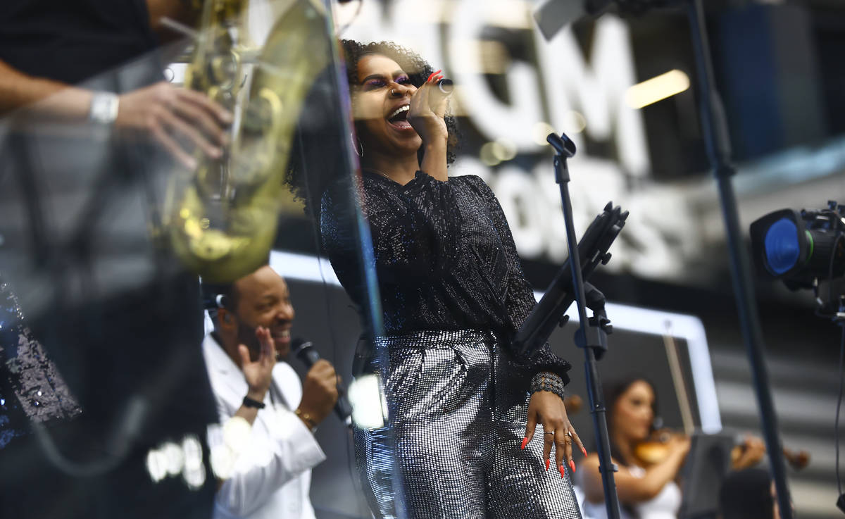 Members of David Perrico's Pop Strings band perform at Allegiant Stadium in Las Vegas on Monday ...