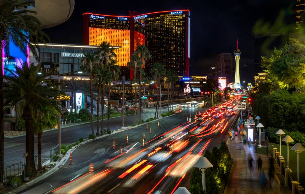 Traffic backs up during the Resorts World Las Vegas grand opening along the Strip on Thursday, ...