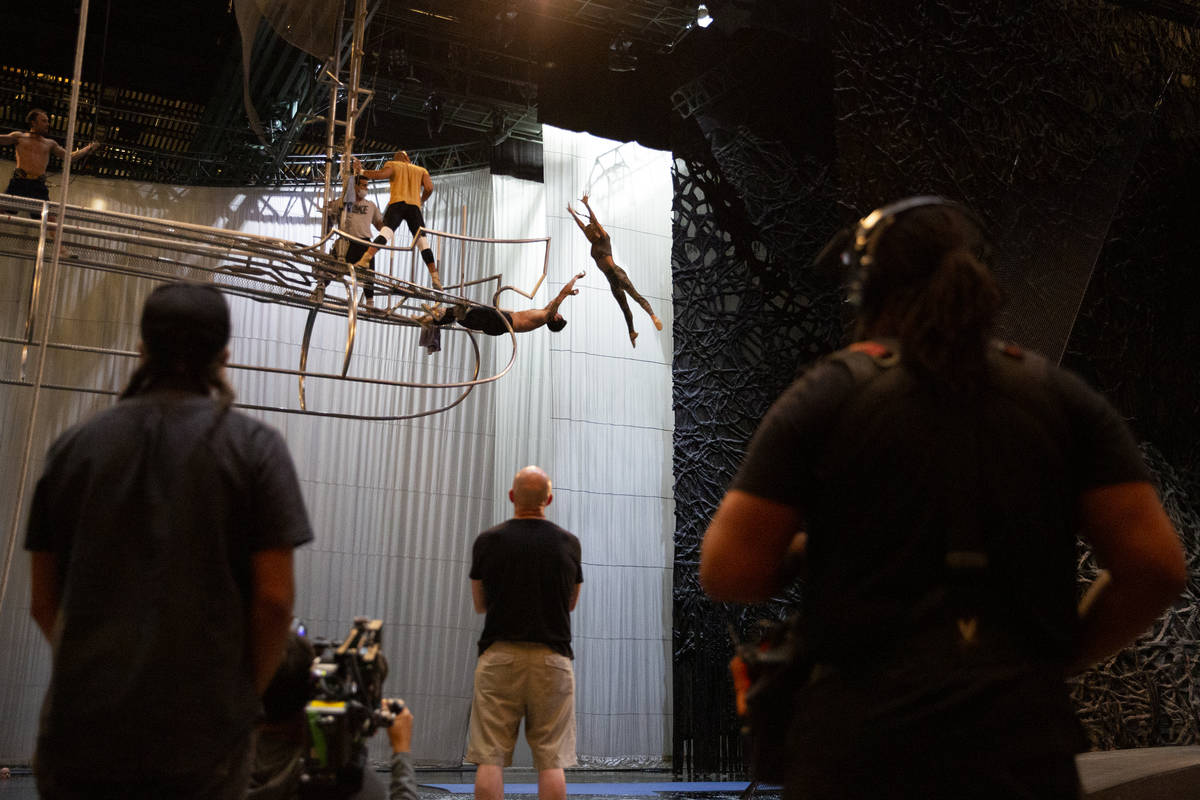 A documentary crew films a rehearsal for "O" in O Theatre Showroom at Bellagio on Wed ...