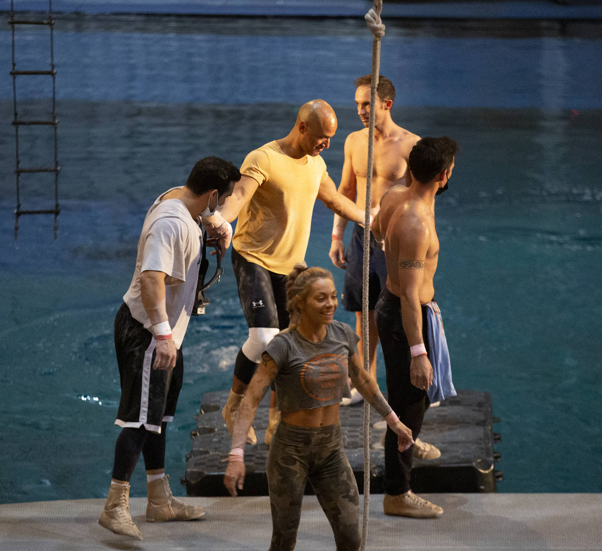 Acrobats come down from the aerial boat after a rehearsal for "O" in O Theatre Showro ...