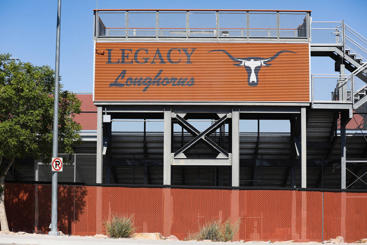 The football field bleachers at Legacy High School in North Las Vegas Wednesday, June 30, 2021. ...