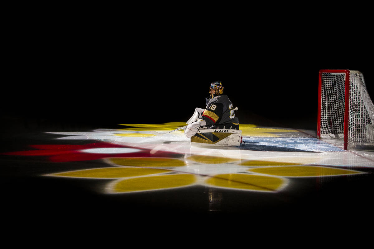 Golden Knights goaltender Marc-Andre Fleury (29) is announced before the start of an NHL hockey ...