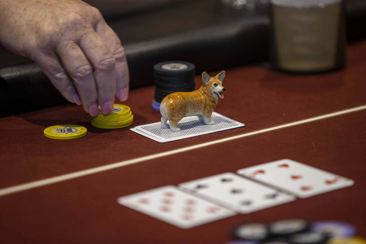 A lucky charm dog sits atop a hand as players compete in the $350 buy-in Ladies International P ...