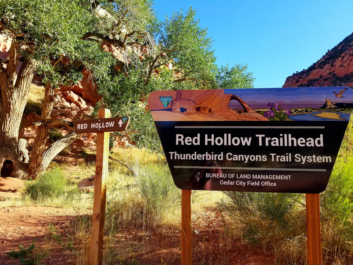 The Red Hollow trailhead sign marks an entry point to Cedar City’s Thunderbird Canyons T ...