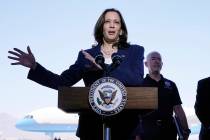 Vice President Kamala Harris talks to the media, Friday, June 25, 2021, after her tour of the U ...