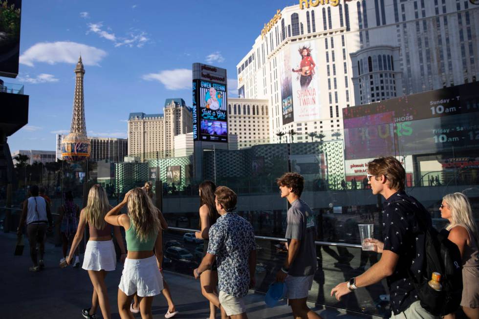 People visit the Strip near Planet Hollywood hotel-casino in Las Vegas, Saturday, July 3, 2021. ...