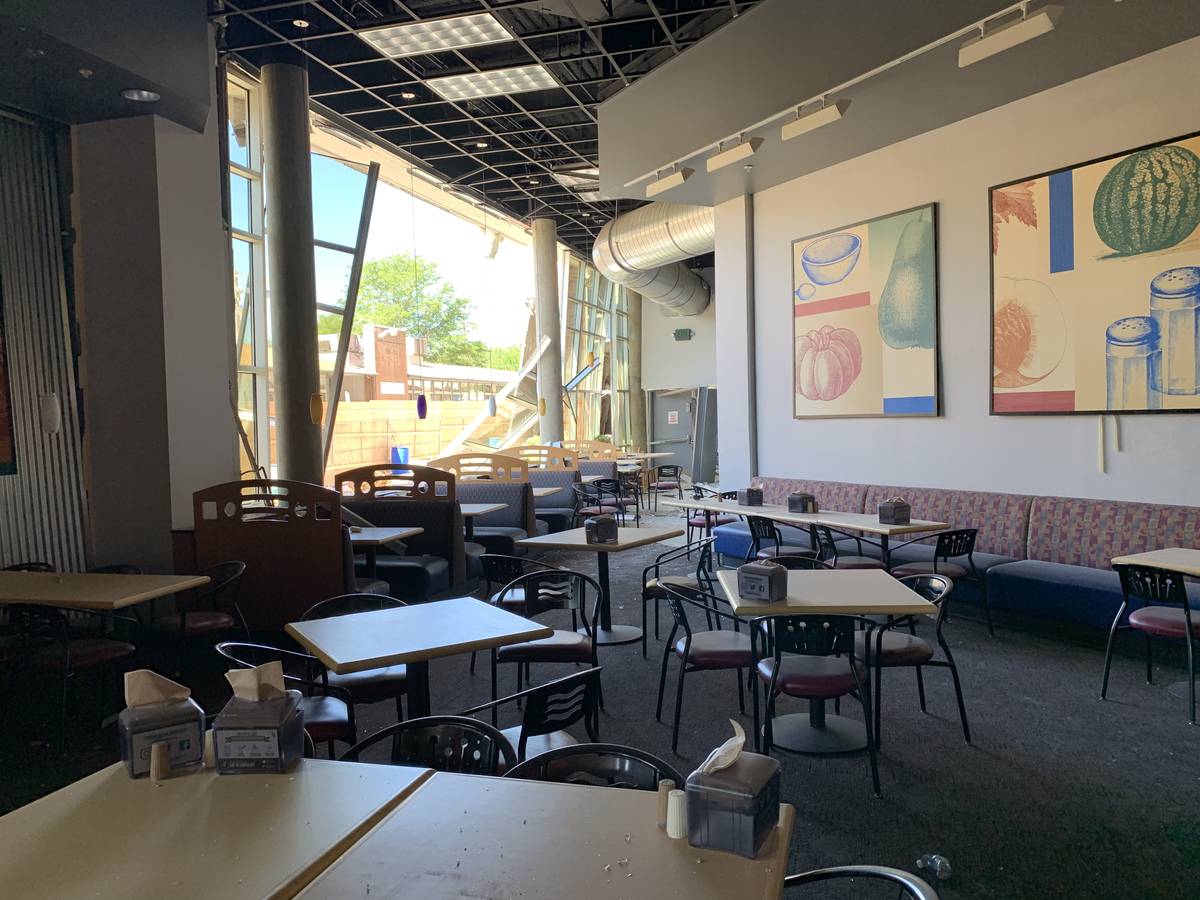 The shattered cafeteria of Argenta Hall at University of Nevada, Reno, following the July 2019 ...