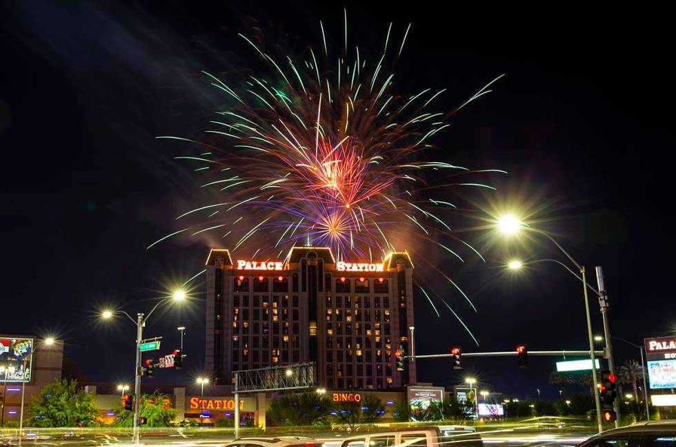 Fireworks go off in celebration of the 45th anniversary of Palace Station and Station Casinos i ...