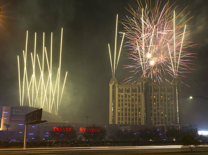 Fireworks explode during the grand reopening celebration of Palace Station in Las Vegas on Satu ...