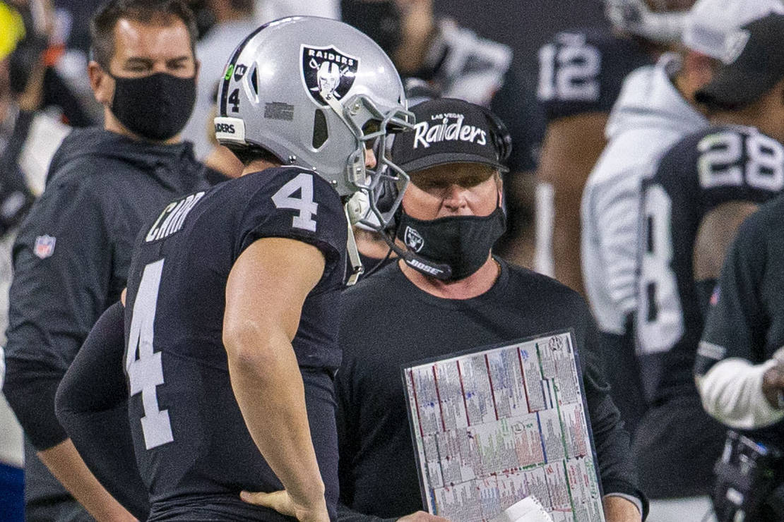 Raiders head coach Jon Gruden, right, and quarterback Derek Carr (4) look on during the second ...