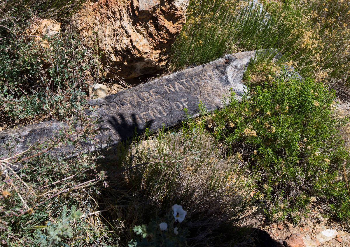 A sign that was burned in the Carpenter 1 fire lies in the ground near a trail for Griffith Pea ...