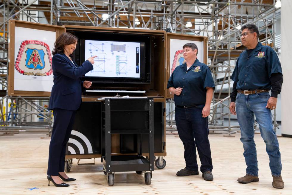 Vice President Kamala Harris speaks with Amber McCoy, member of United Brotherhood of Carpenter ...