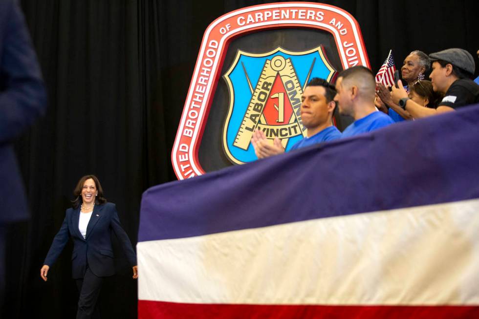 Vice President Kamala Harris takes the stage ahead of her remarks to members of the United Brot ...