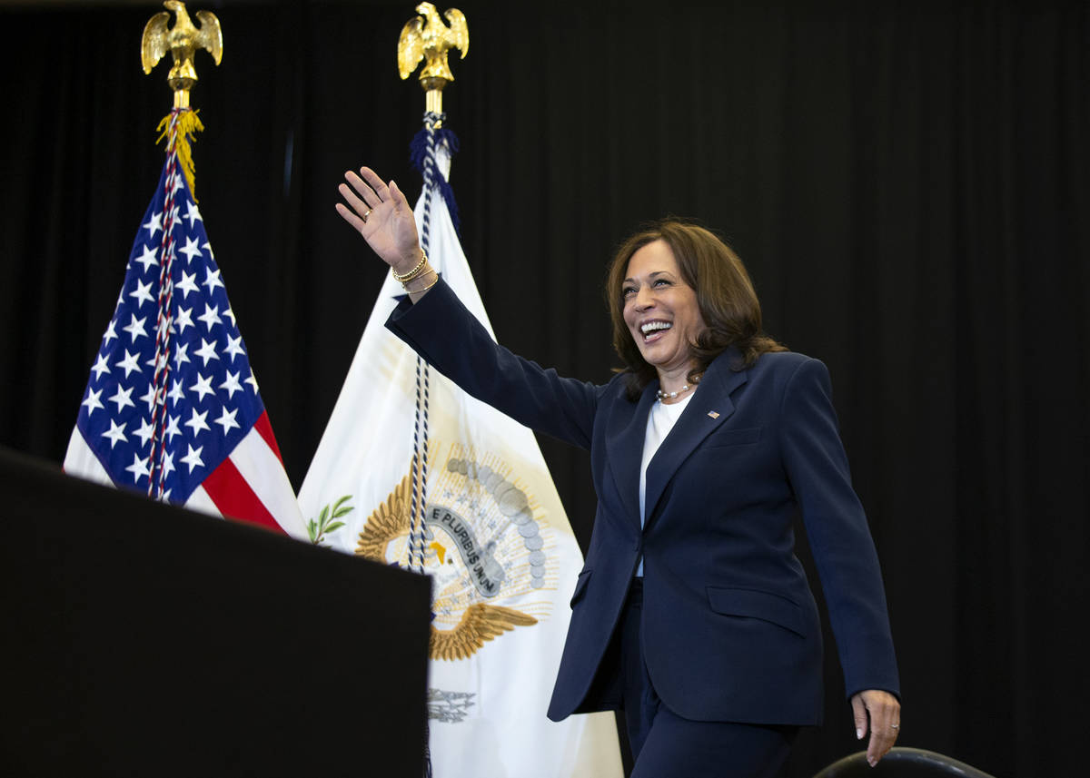 Vice President Kamala Harris takes the stage ahead of her remarks to members of the United Brot ...