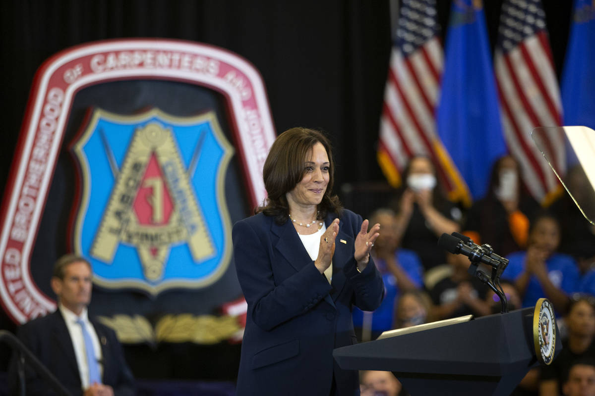 Vice President Kamala Harris applauds Nevada politicians during her speech to members of the Un ...