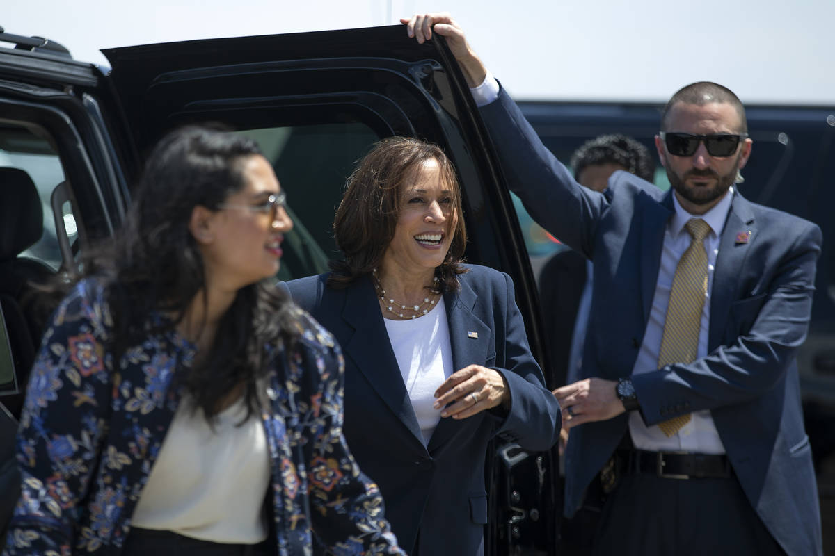 Vice President Kamala Harris arrives at McCarran International Airport after a visit to the Car ...