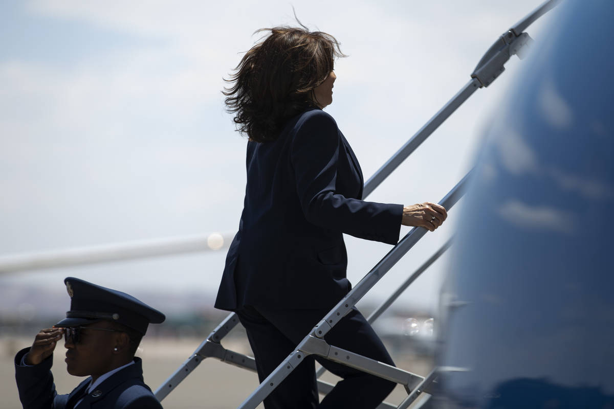 Vice President Kamala Harris boards Air Force Two to leave Las Vegas on Saturday, July 3, 2021. ...